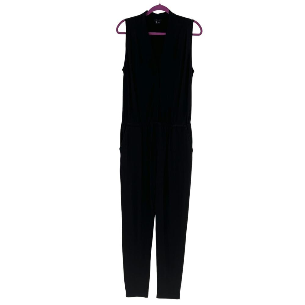Theory Nane Black Jersey Pima Cotton Modal Sleeveless Surplice Jumpsuit Medium